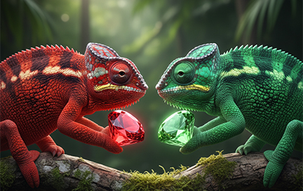 Two chameleons—one red and one green—each holding an alexandrite gemstone in its respective color tone.