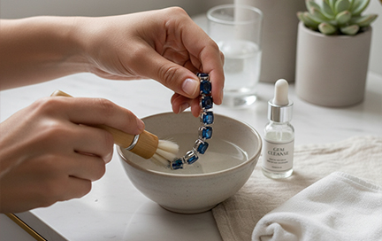 A person cleaning sapphire jewelry with a soft brush warm water and a cloth