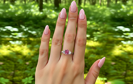 A hand wearing a vivid pink tourmaline ring against a green natural background.