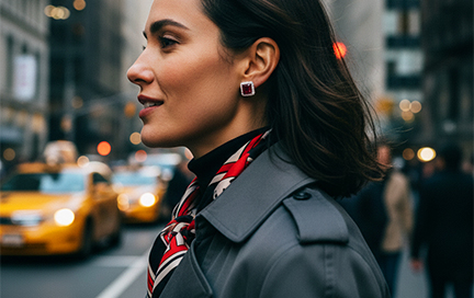 A modern woman in the city or workplace wearing ruby studs or a ruby bracelet.