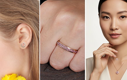 A collage featuring a man wearing a morganite band and two women wearing morganite earrings and a pendant.