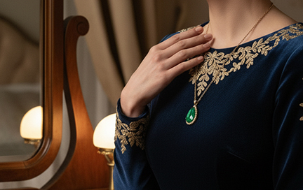 A woman getting ready at her vanity in a regal gown, wearing an emerald necklace.
