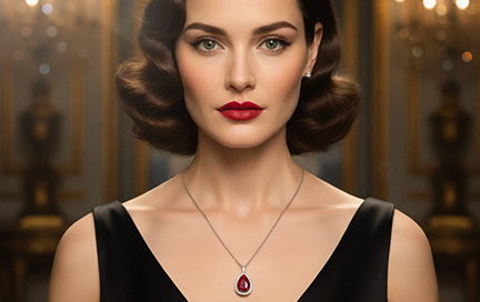 A woman in Hollywood glam styling wearing a bold ruby necklace or earrings.