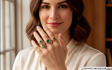 A woman wearing multiple tsavorite rings with focus on the ring details.