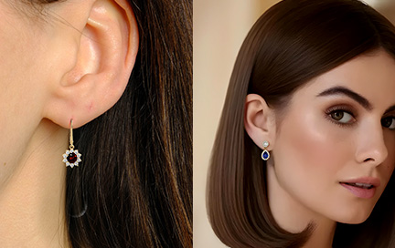 A woman wearing elegant spinel earrings.