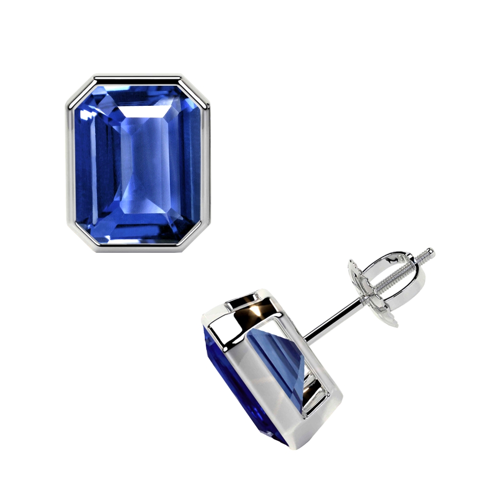 Natural Blue Sapphire Emerald Cut Bezel Set Earrings