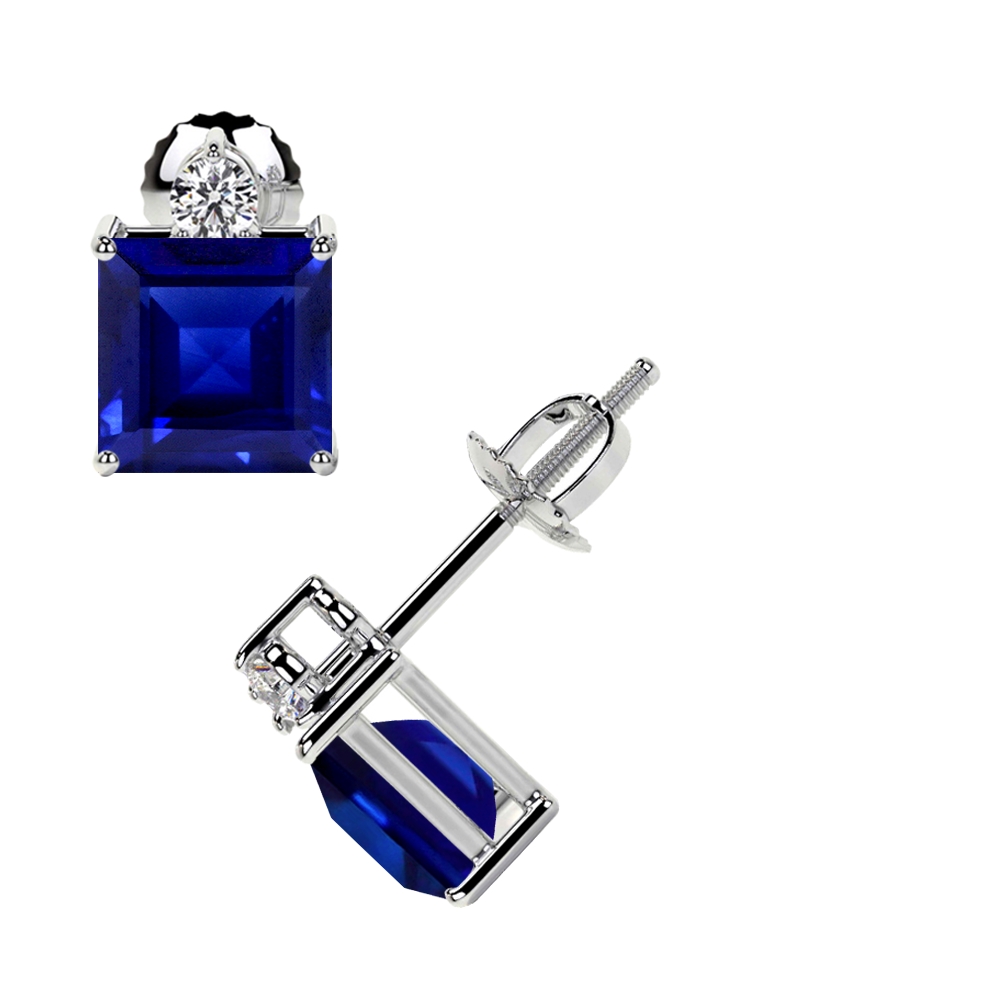 Square Cut Blue Sapphire Earrings With Round Diamonds 1.47cttw AAAA Quality