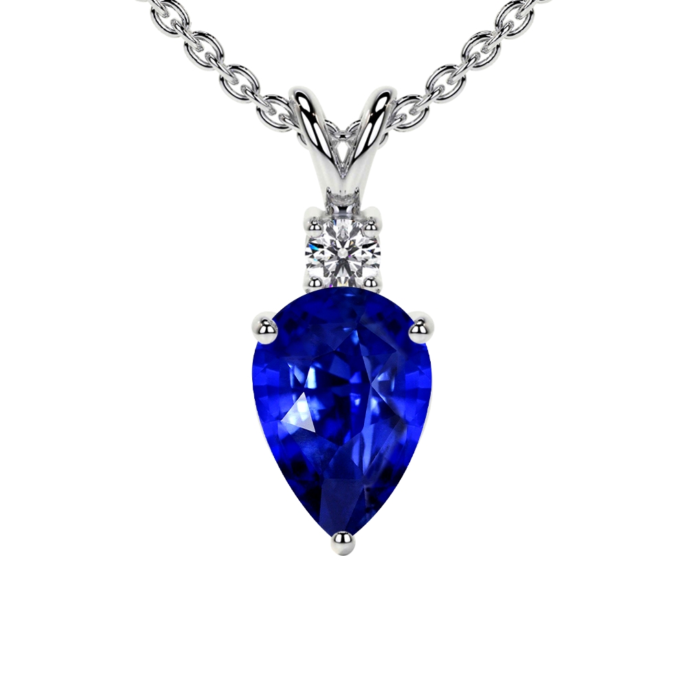 14K White Gold Pendant With Pear White Sapphire & Diamond Accents - 9x7mm, 18" Chain
