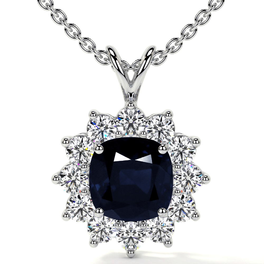 Oval Blue Sapphire & Diamond Halo Pendant Necklace 14k White Gold