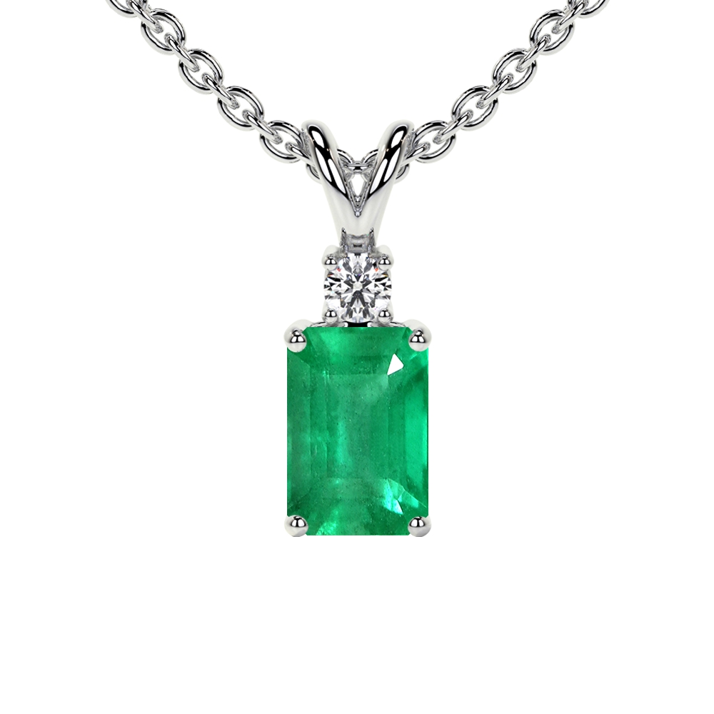 Emerald Cut Emerald Pendant with Round Diamond (1.03cttw) AA Quality