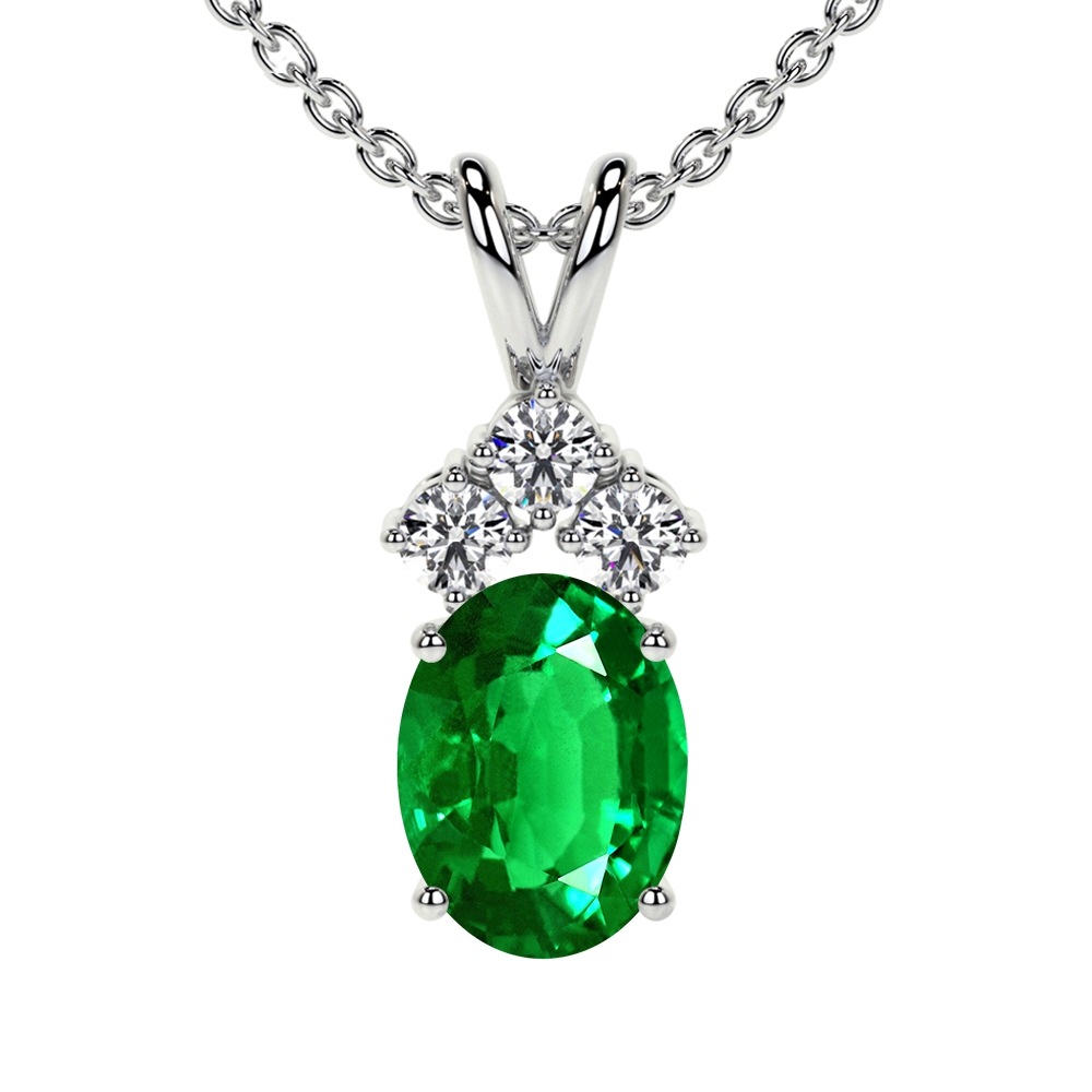 Oval Cut Emerald Pendant with Three Round Diamonds (1.30cttw) AAAA Quality