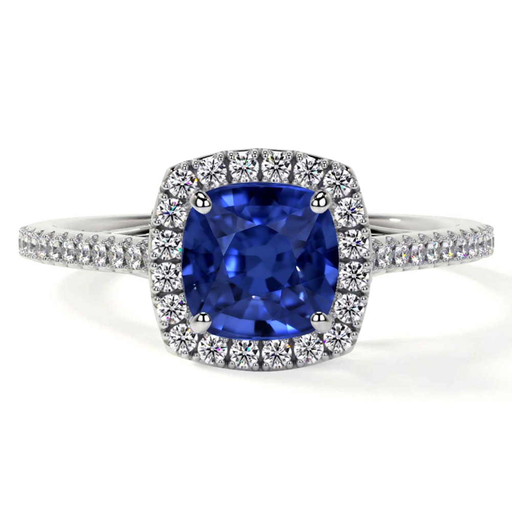 Classic Square Cushion Blue Sapphire Halo Ring with Pave Set Diamonds ...