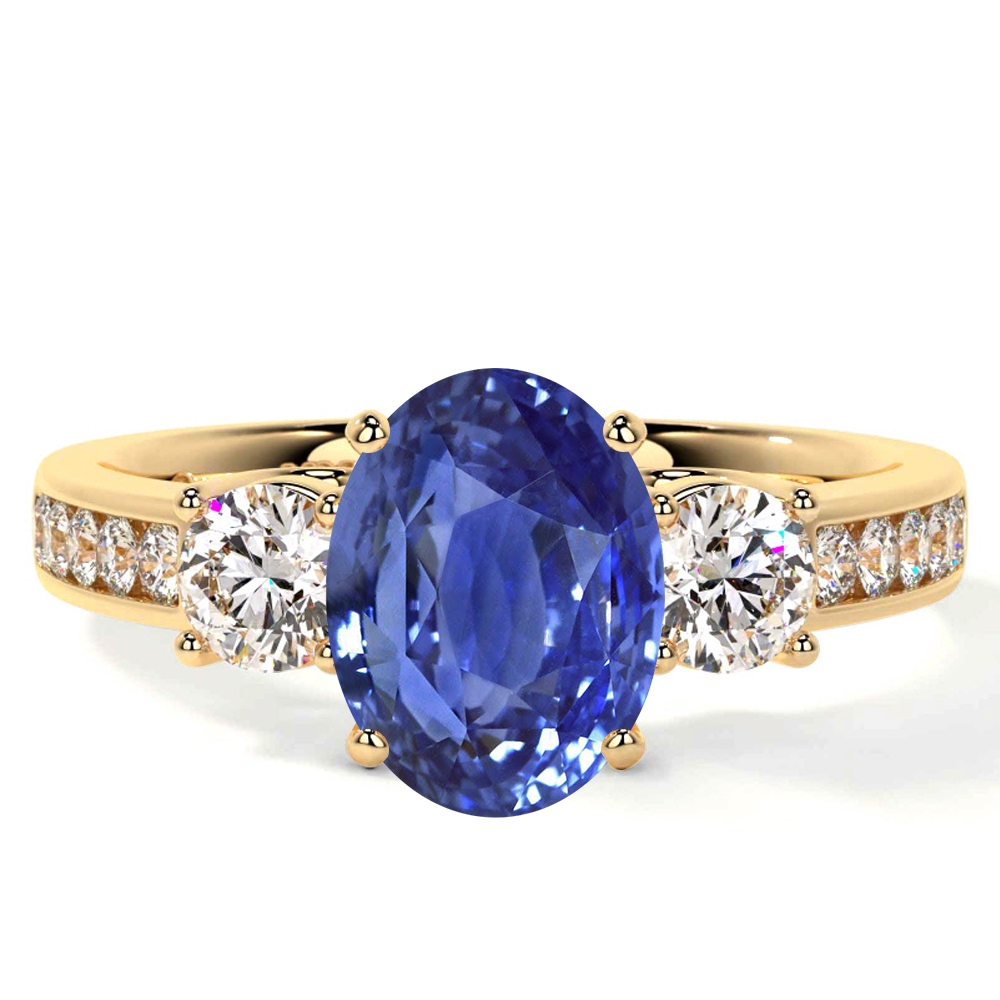 Natural Blue Sapphire Oval Three Stone Ring with Prong and Channel