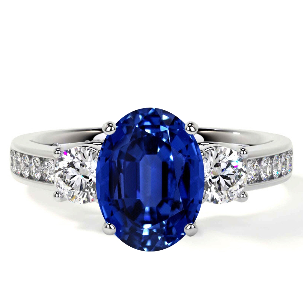 Three Stone Oval Blue Sapphire Ring with Prong and Channel Set Round ...