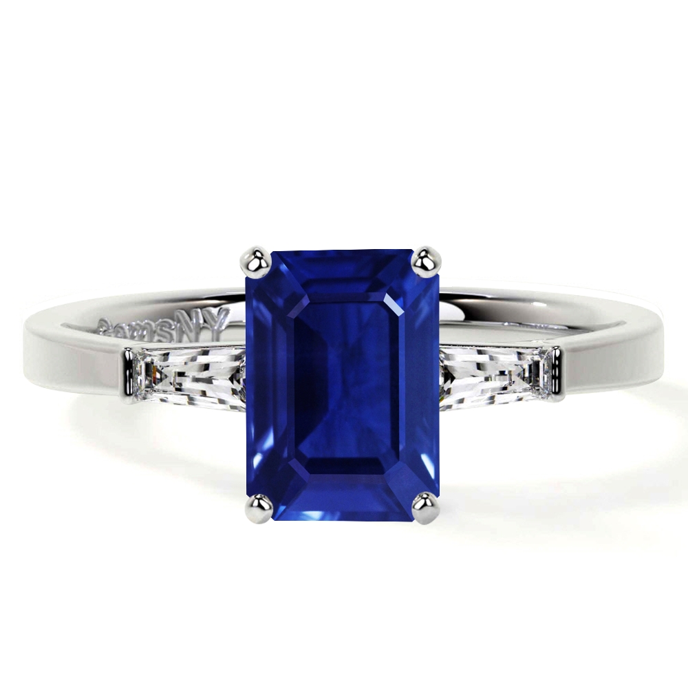 Natural Blue Sapphire Emerald Cut Three Stone Ring with Bar Set