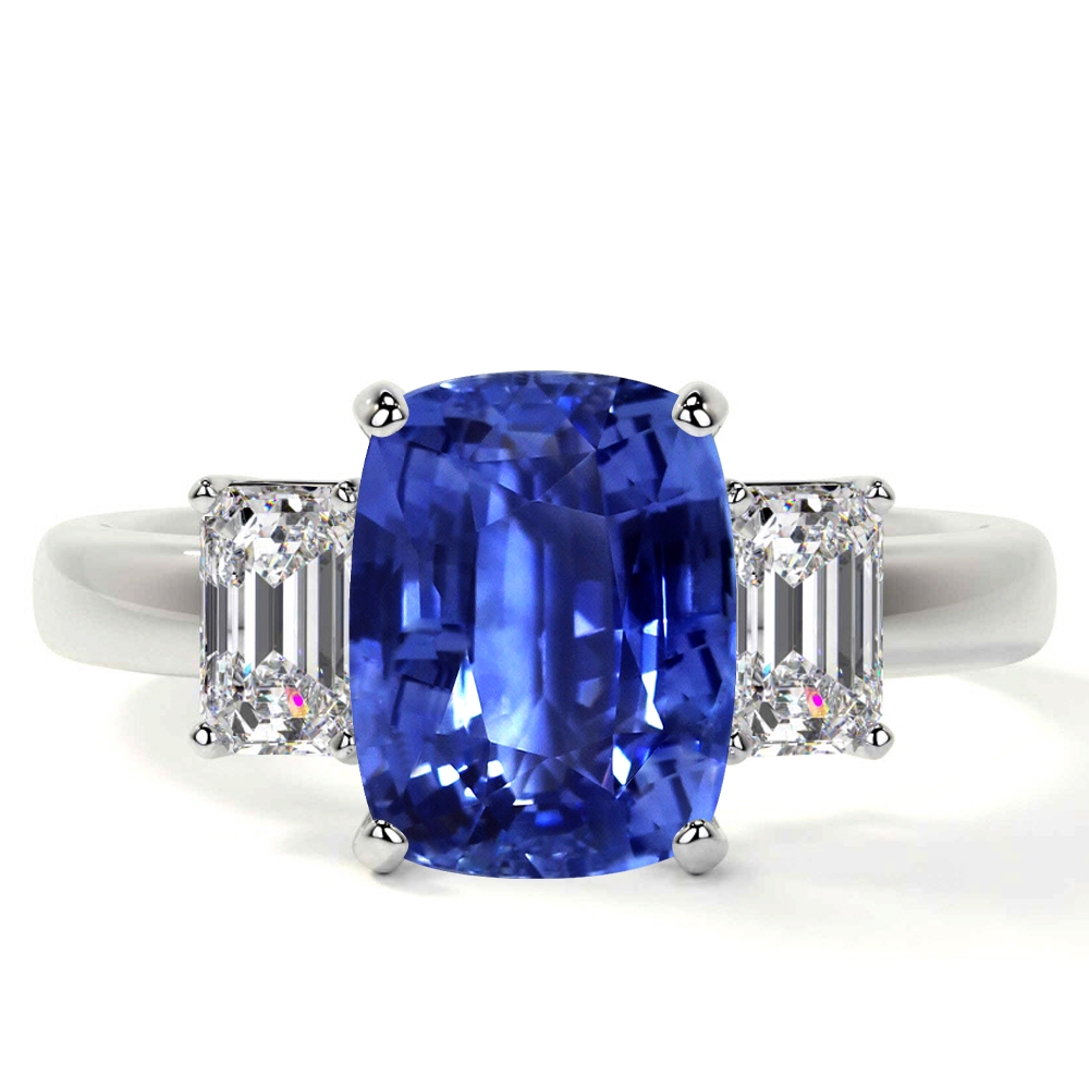 Blue Sapphire Rectangle Cushion Three Stone Ring with Prong Set