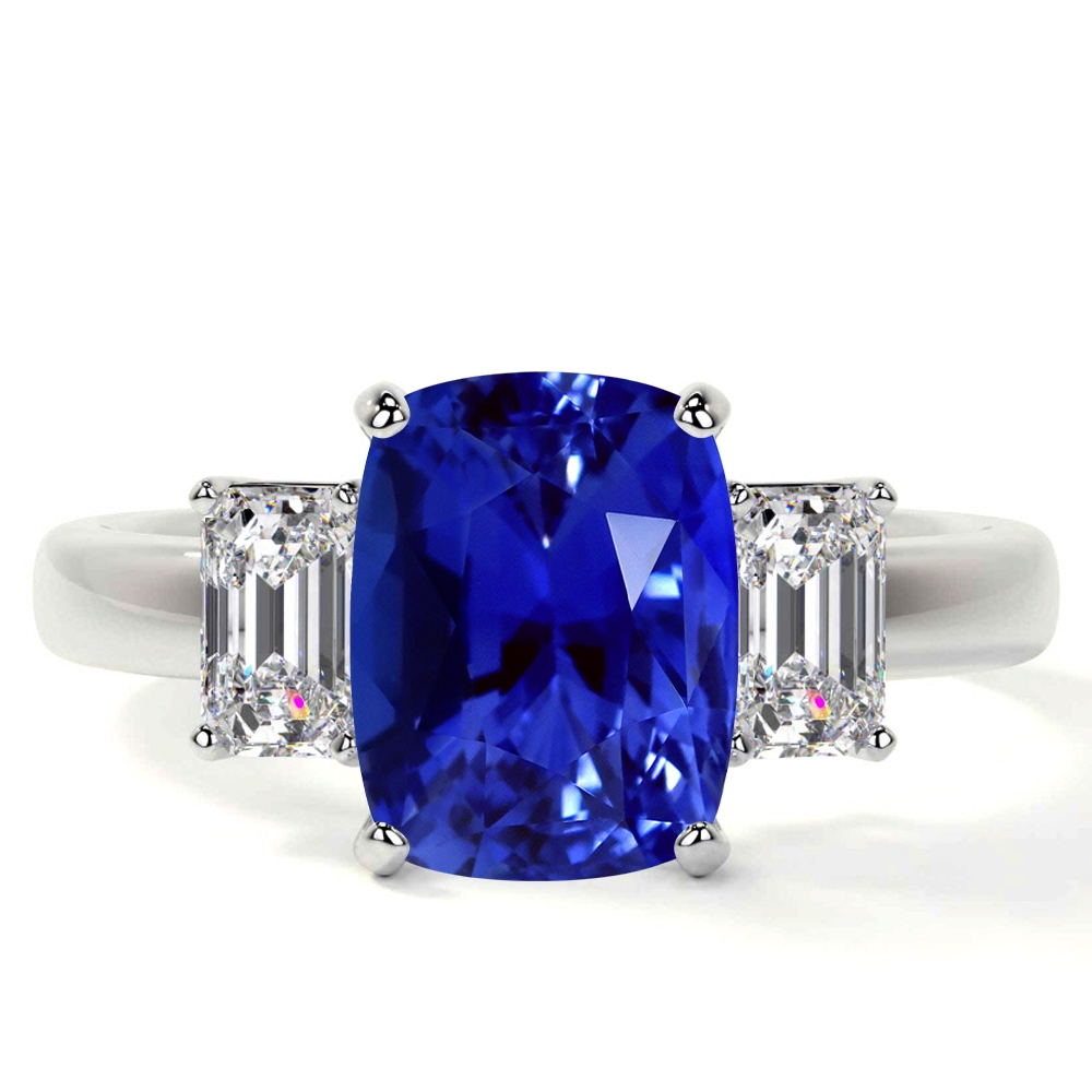 Blue Sapphire Rectangle Cushion Untreated Three Stone Ring with