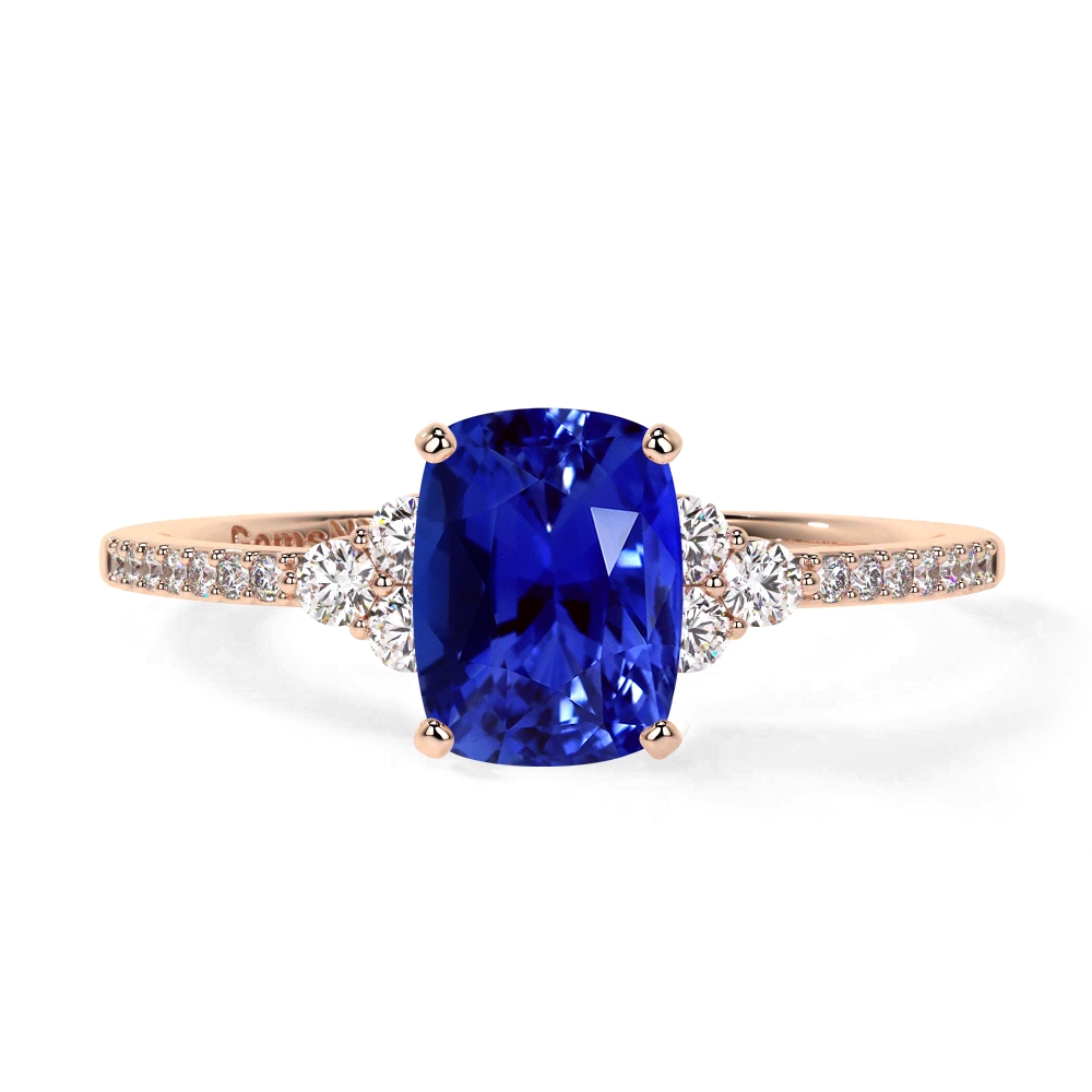 Natural Blue Sapphire Elongated Cushion Ring with Diamond Cluster