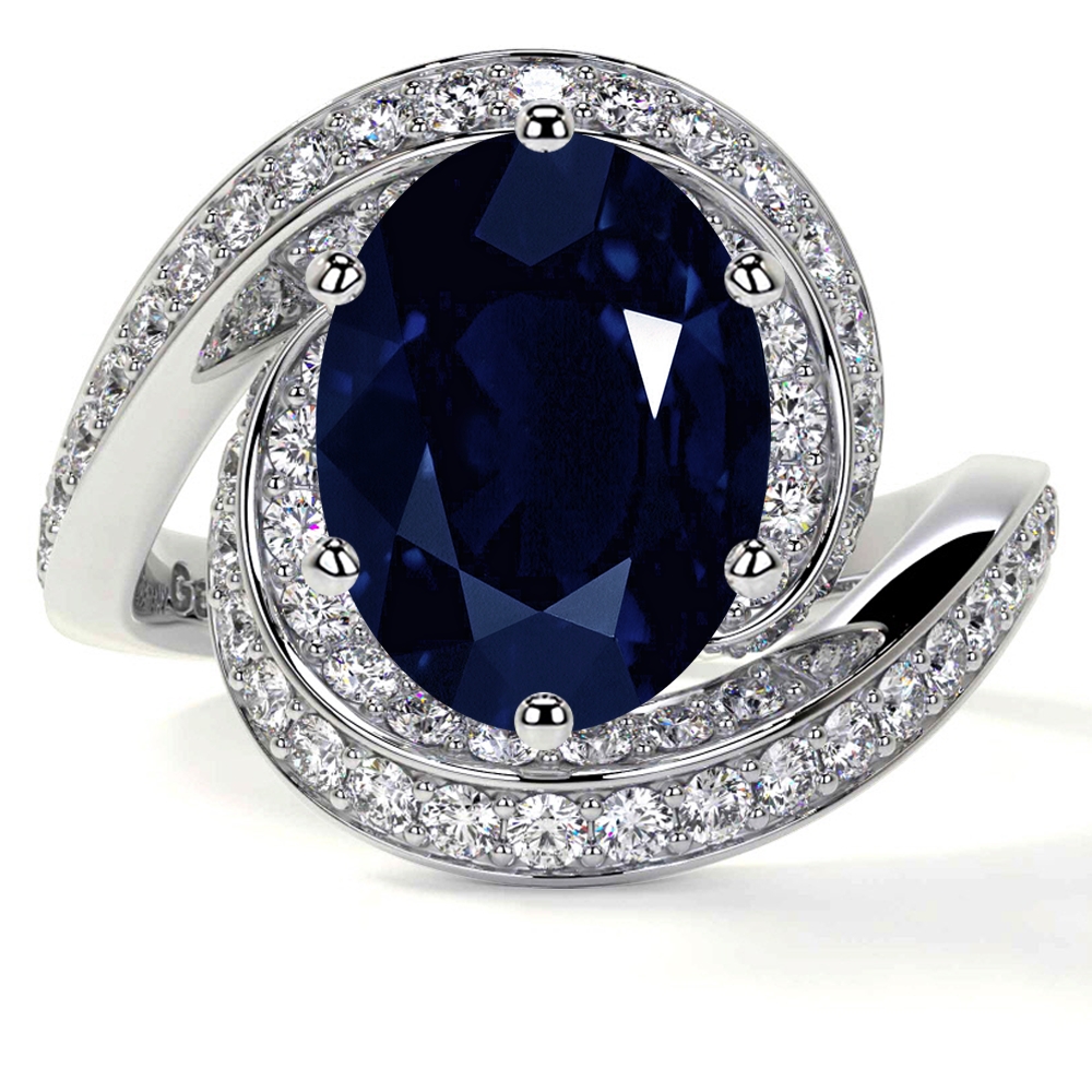 Spiral Diamond and Blue Sapphire Engagement Ring