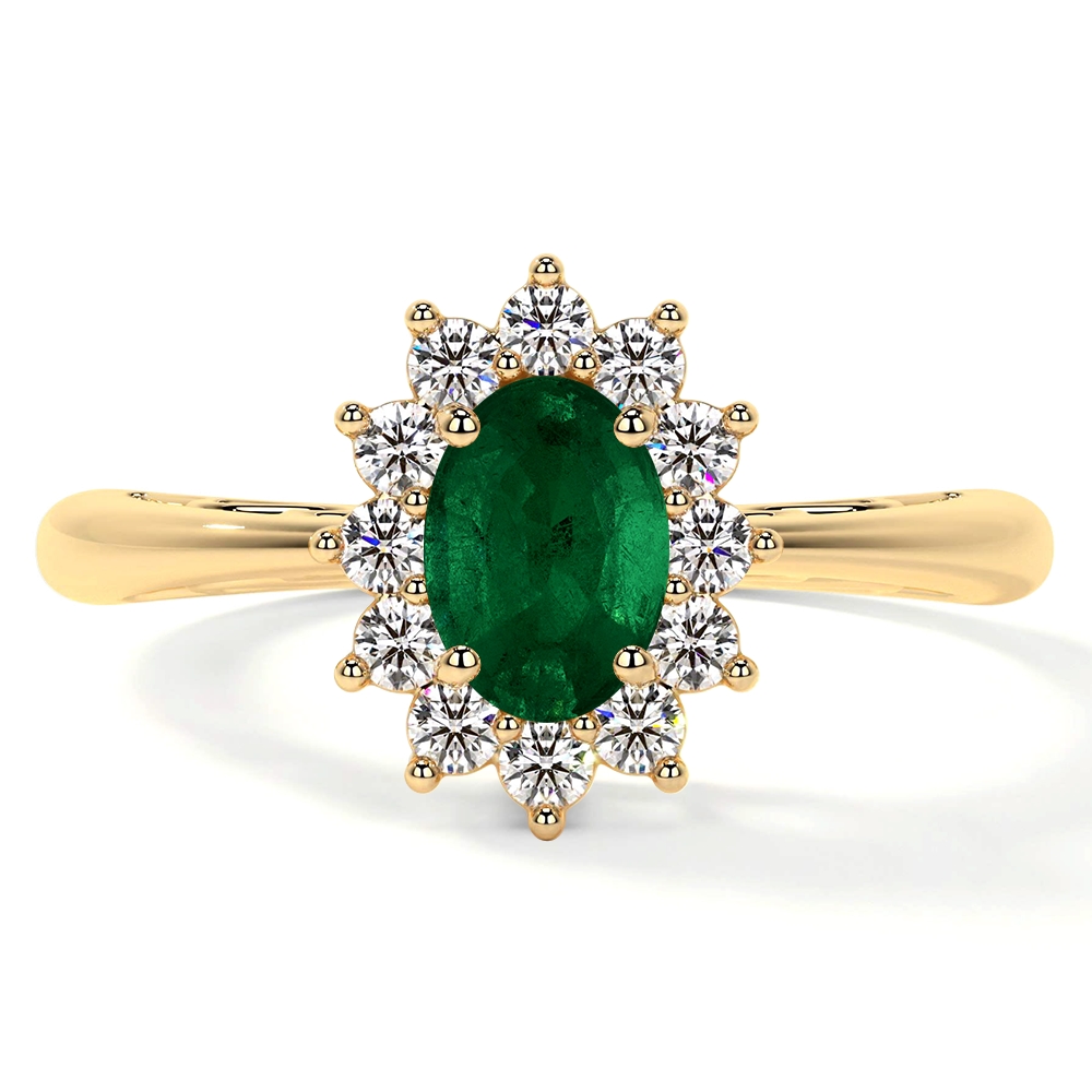 Natural Emerald Oval Four Prong Princess Diana Inspired Halo Ring (1.02cttw)- REM005-7X5-AA