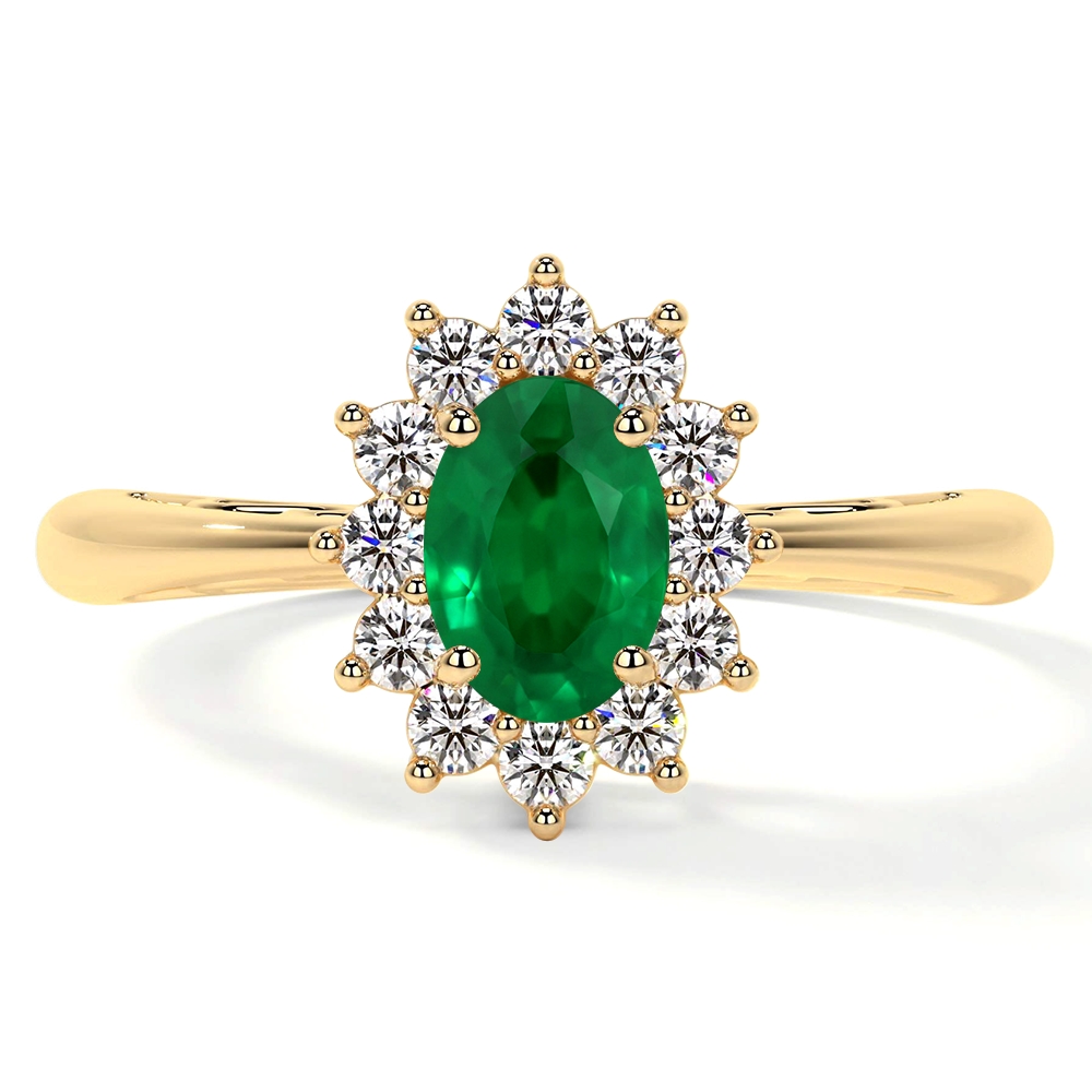 Natural Emerald Oval Four Prong Princess Diana Inspired Halo Ring (1.02cttw)- REM005-7X5-AAA