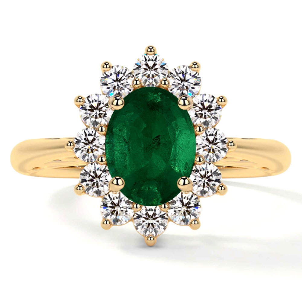 Natural Emerald Oval Four Prong Princess Diana Inspired Halo Ring (1.75cttw)- REM005-8X6-AA