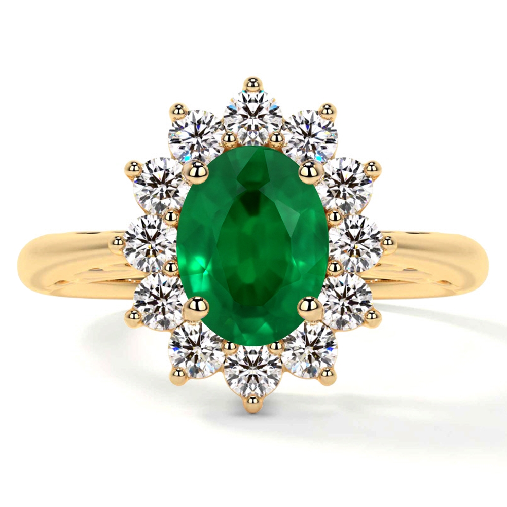 Natural Emerald Oval Four Prong Princess Diana Inspired Halo Ring (1.75cttw)- REM005-8X6-AAA