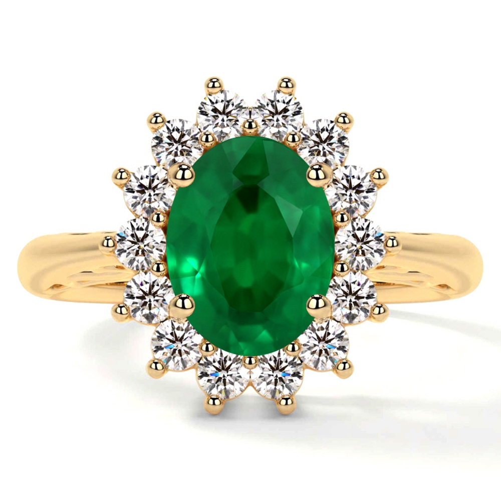 Natural Emerald Oval Four Prong Princess Diana Inspired Halo Ring (2.35cttw)- REM005-9X7-AAA