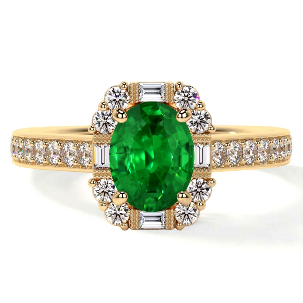 Natural Emerald Oval Vintage Four Prong Halo Ring with Round and Baguette Diamonds (1.47cttw)- REM048-7X5-AAAA