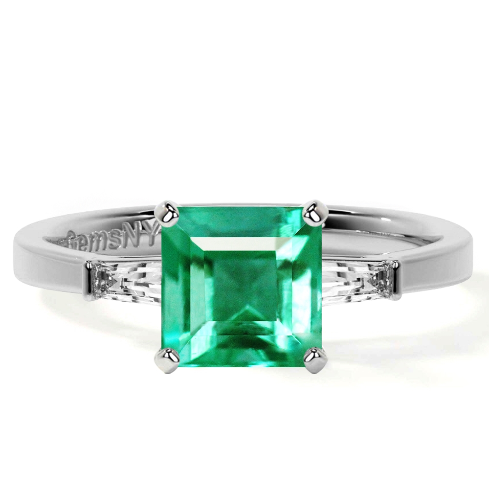 Emerald Square Three Stone Ring Cut with Bar Set Tapered Baguette Diamonds 1.90cttw AA Quality