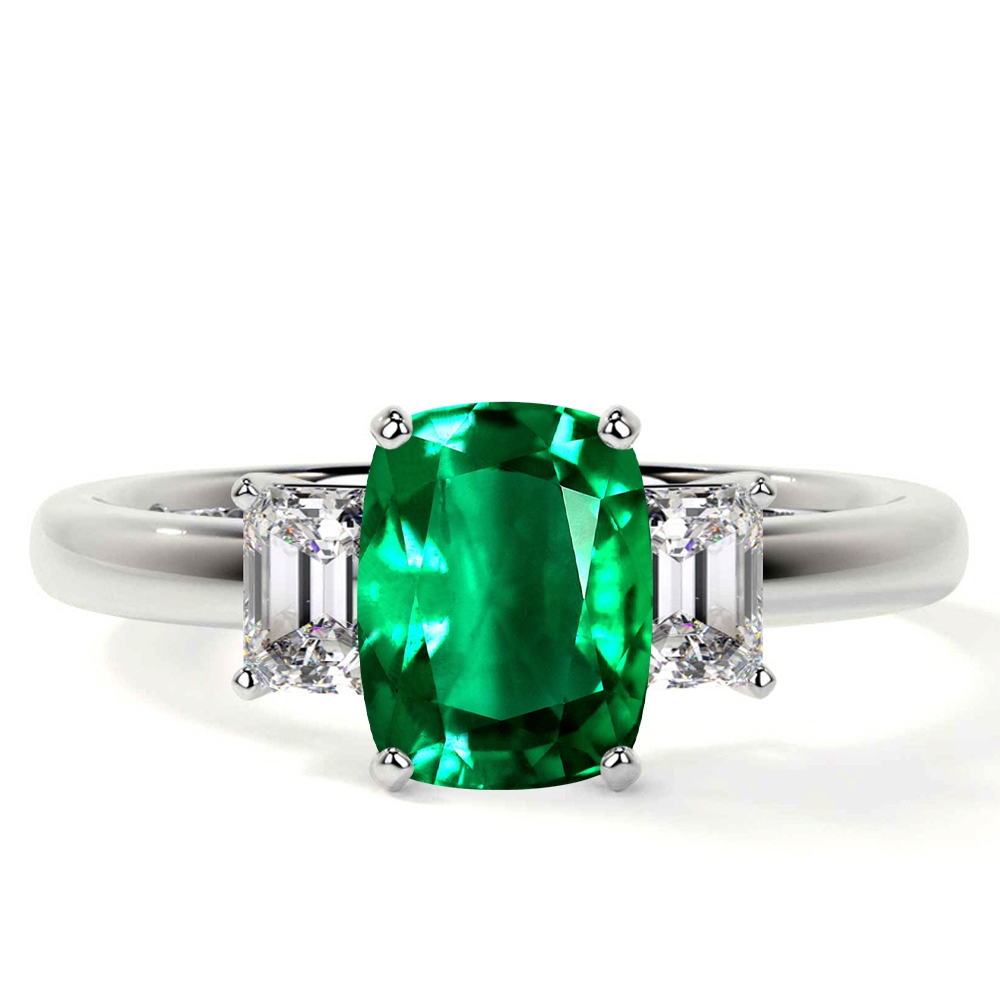 Emerald Elongated Cushion Three Stone Ring with Prong Set Cut Side