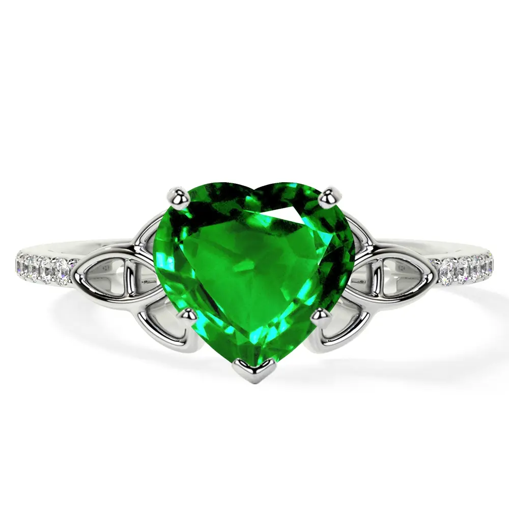 Celtic Prong Set Heart Shape Emerald Ring with Prong Set Diamonds (1