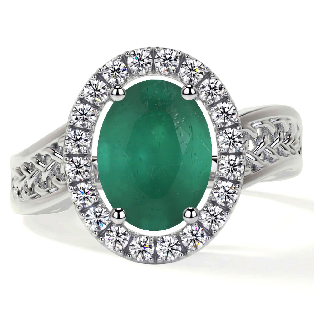 Natural Oval Cut Emerald Prong Set Ring With Round Diamonds (2.61cttw)- REM399-10X8-A