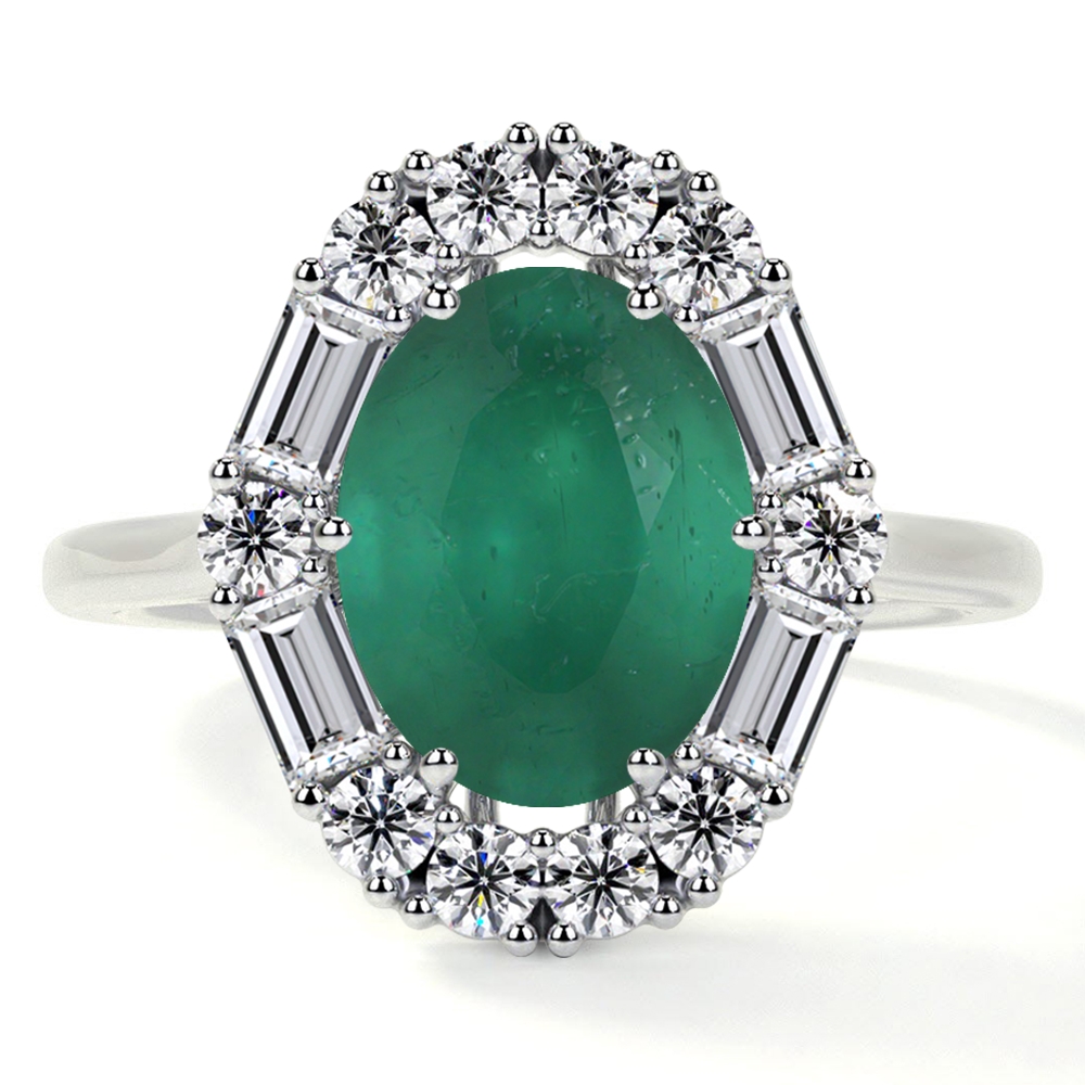 Natural Oval Cut Emerald Prong Set Ring With Round And Straight Baguette Cut Diamonds (1.99cttw)- REM463-8X6-A