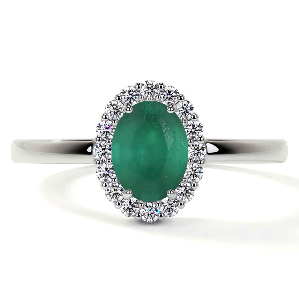 Natural Oval Cut Emerald Prong Set Halo Ring With Round Diamonds (0.95cttw)- REM484-7X5-A