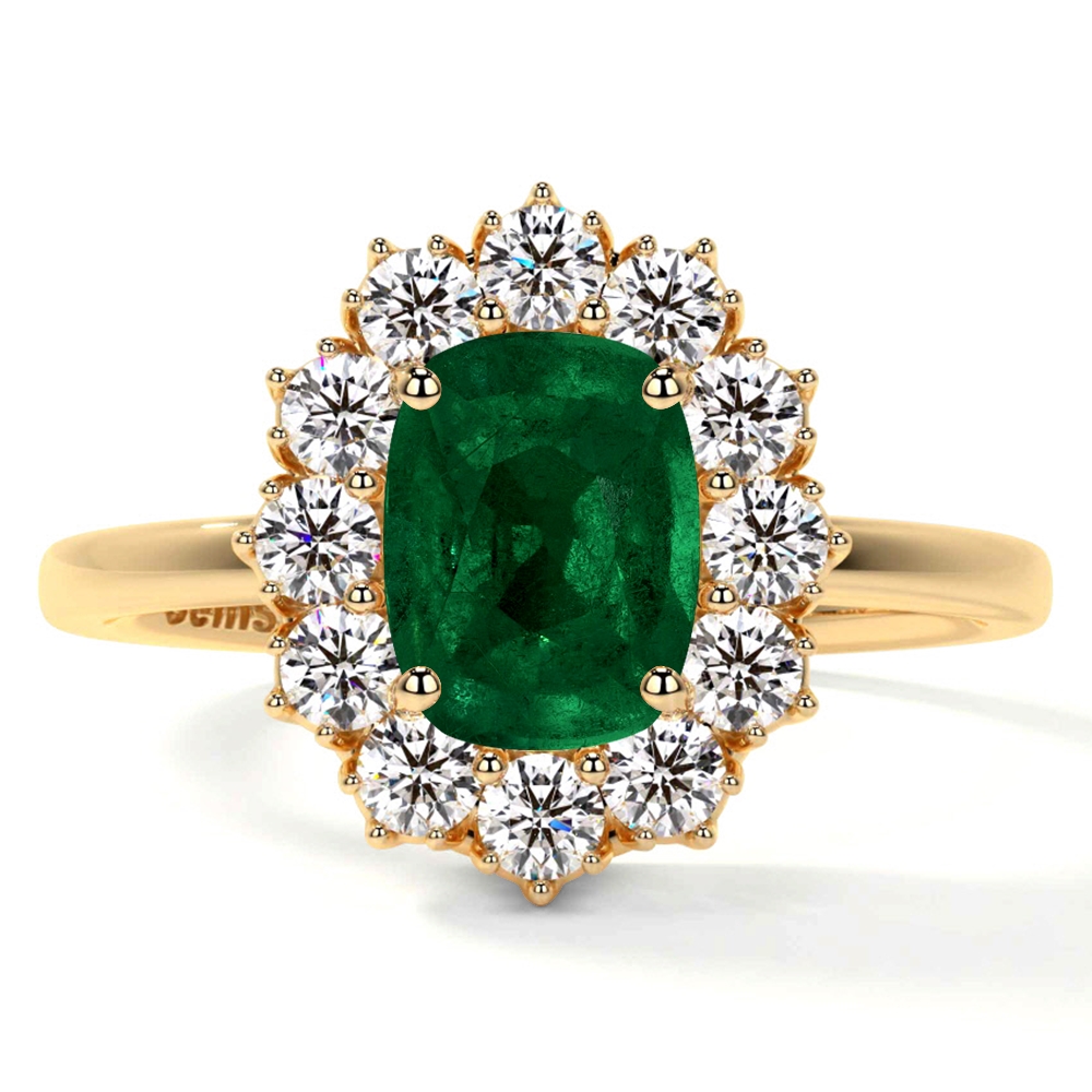 Natural Elongated Cushion Emerald Prong Set Halo Ring With Round Diamonds (1.85cttw)- REM487-8X6-AA