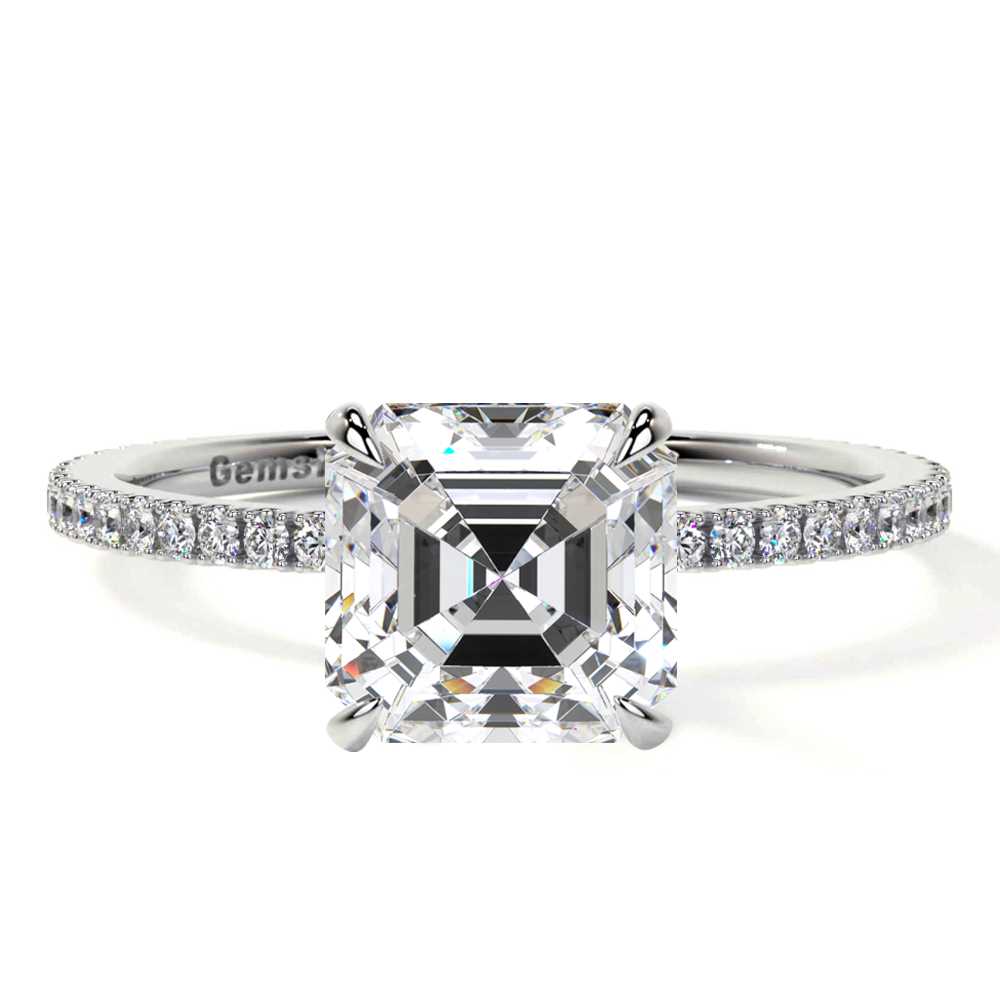 Lab Grown Diamond Asscher Prong Set Halo Ring With Round Diamonds  IGI Certified F-G, VS Quality