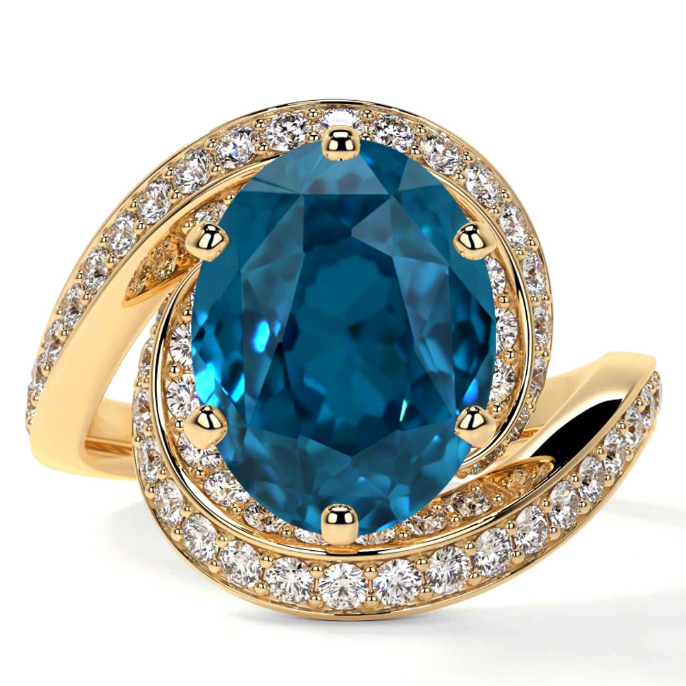 Natural Oval Cut London Topaz Prong Set Ring With Round Diamonds (3.18cttw)- RLT121-10X8-AAAA