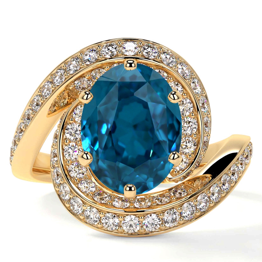 Natural Oval Cut London Topaz Prong Set Ring With Round Diamonds (1.93cttw)- RLT121-8X6-AAAA
