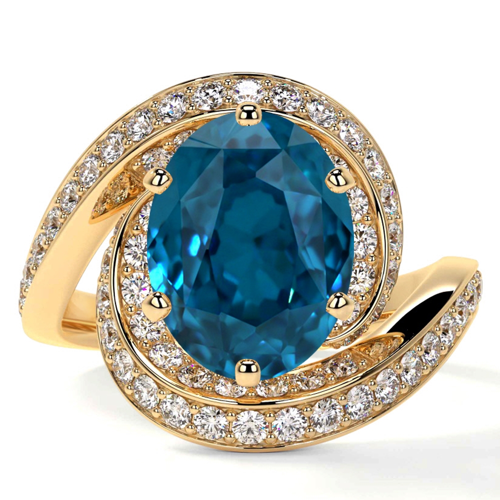 Natural Oval Cut London Topaz Prong Set Ring With Round Diamonds (2.53cttw)- RLT121-9X7-AAAA