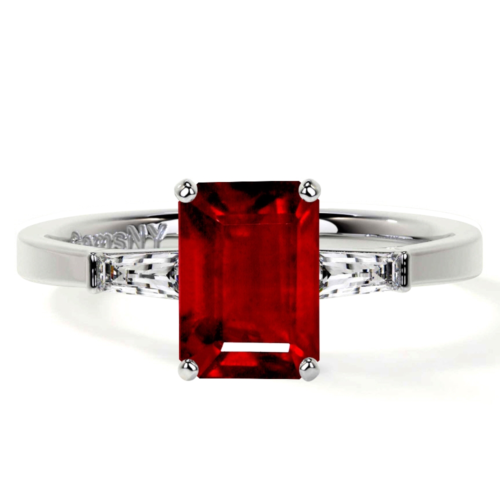 Natural Ruby Emerald Cut Three Stone Ring with Bar Set Tapered