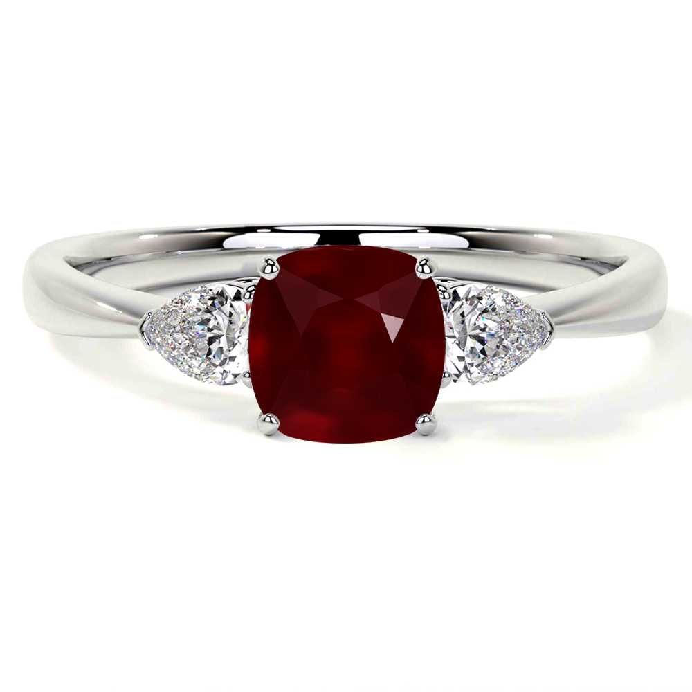 Side Part Ruby Square Cushion Ruby Three Stone Ring With Pear Shape Side Diamonds (1 ...