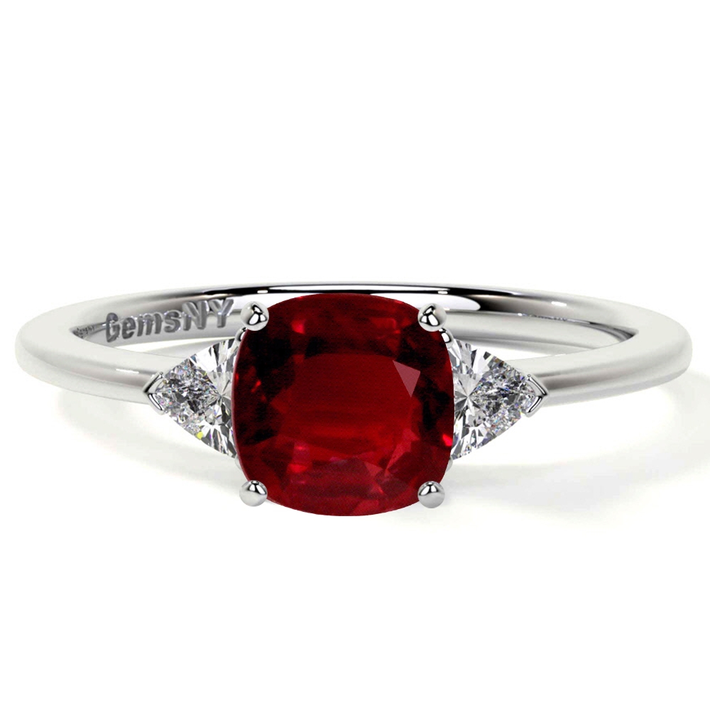 Ruby Square Cushion Classic Three Stone Ring with Trillion Cut Side Diamonds AAA Quality