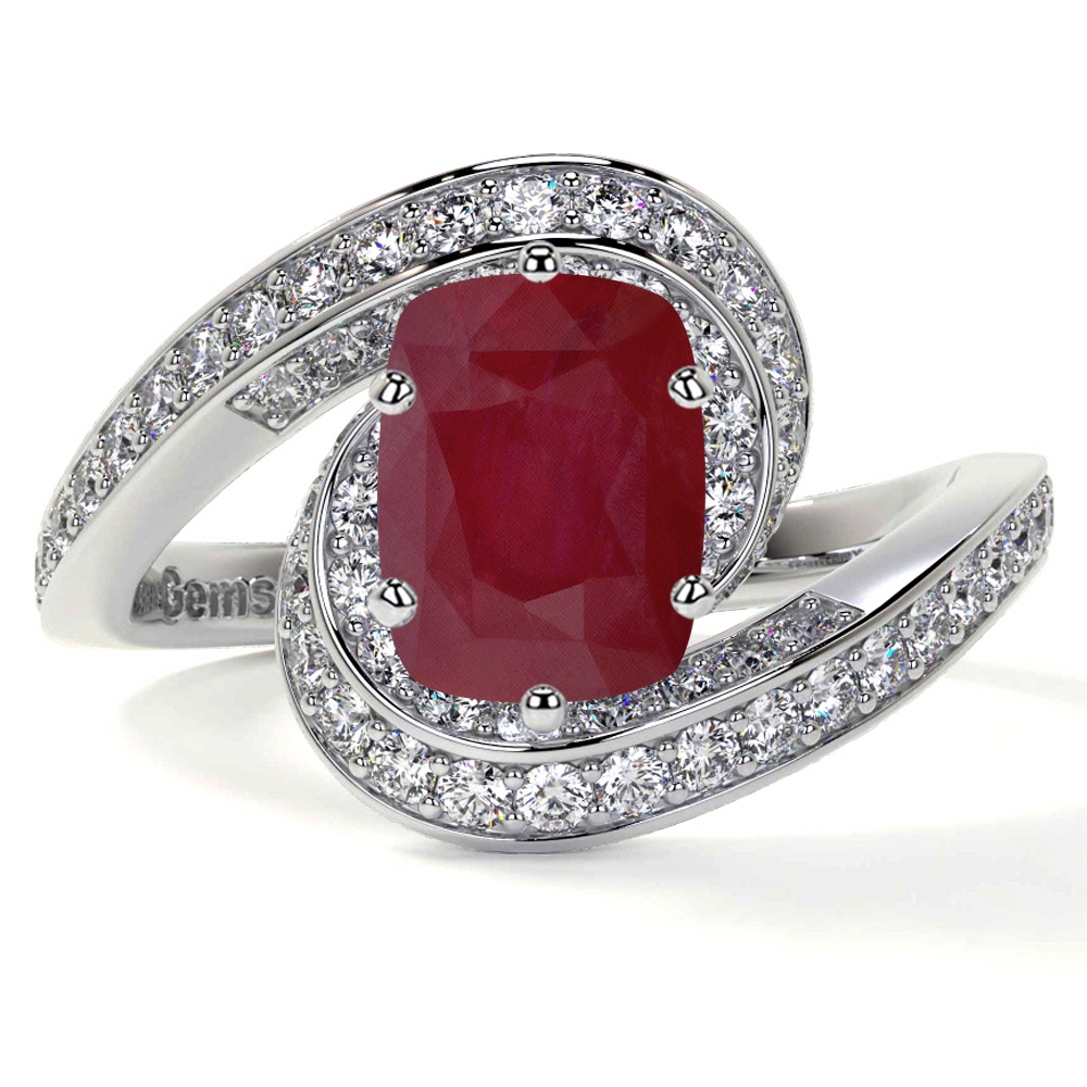 Natural Elongated Cushion Ruby Prong Set Ring With Round Diamonds