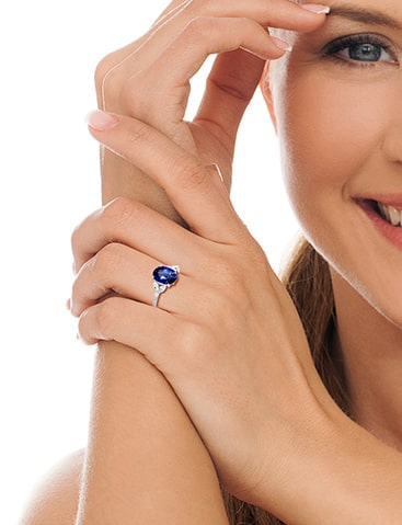 Petite Oval Untreated Blue Sapphire Ring with Round and Marquise Side Diamonds