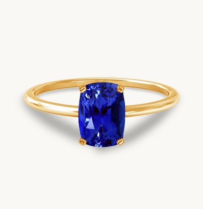 Dainty Rectangle Cushion Four Prong Untreated Blue Sapphire Solitaire Ring