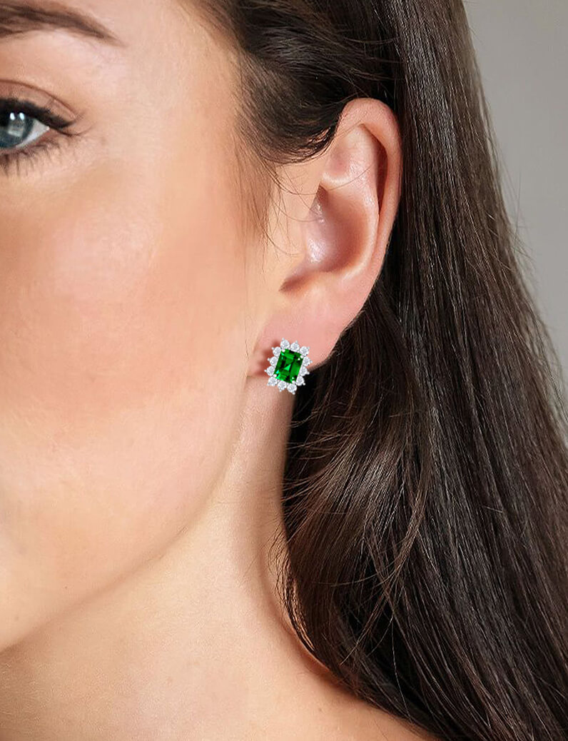 Emerald Cut Emerald Floral Diamond Halo Earrings