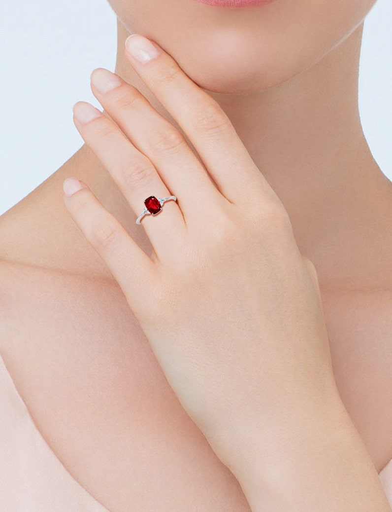 Petite Rectangle Cushion Ruby Ring with Round and Marquise Side Diamonds