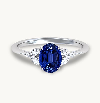 Petite Oval Untreated Blue Sapphire Ring with Round and Marquise Side Diamonds
