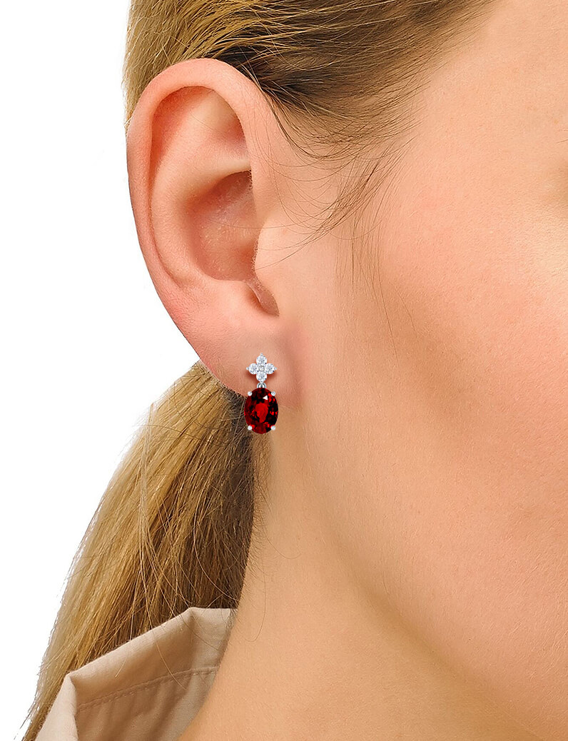 Oval Cut Untreated Ruby Mini-Dangle Earrings with Floral Clustered Round Diamonds 